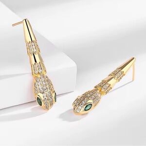 Elegant Snake Drop Earrings Green Eyes